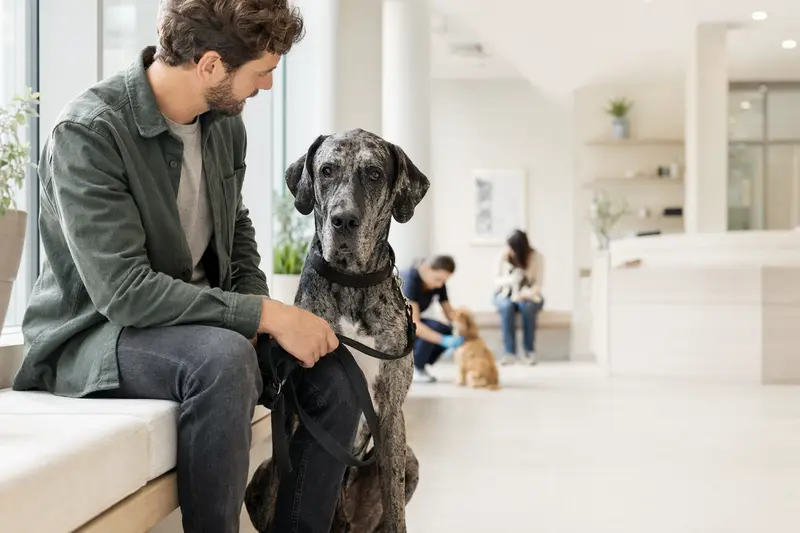 Brasilianische Dogge sitzt ruhig neben ihrem Besitzer im hellen Wartezimmer einer modernen Tierarztpraxis.